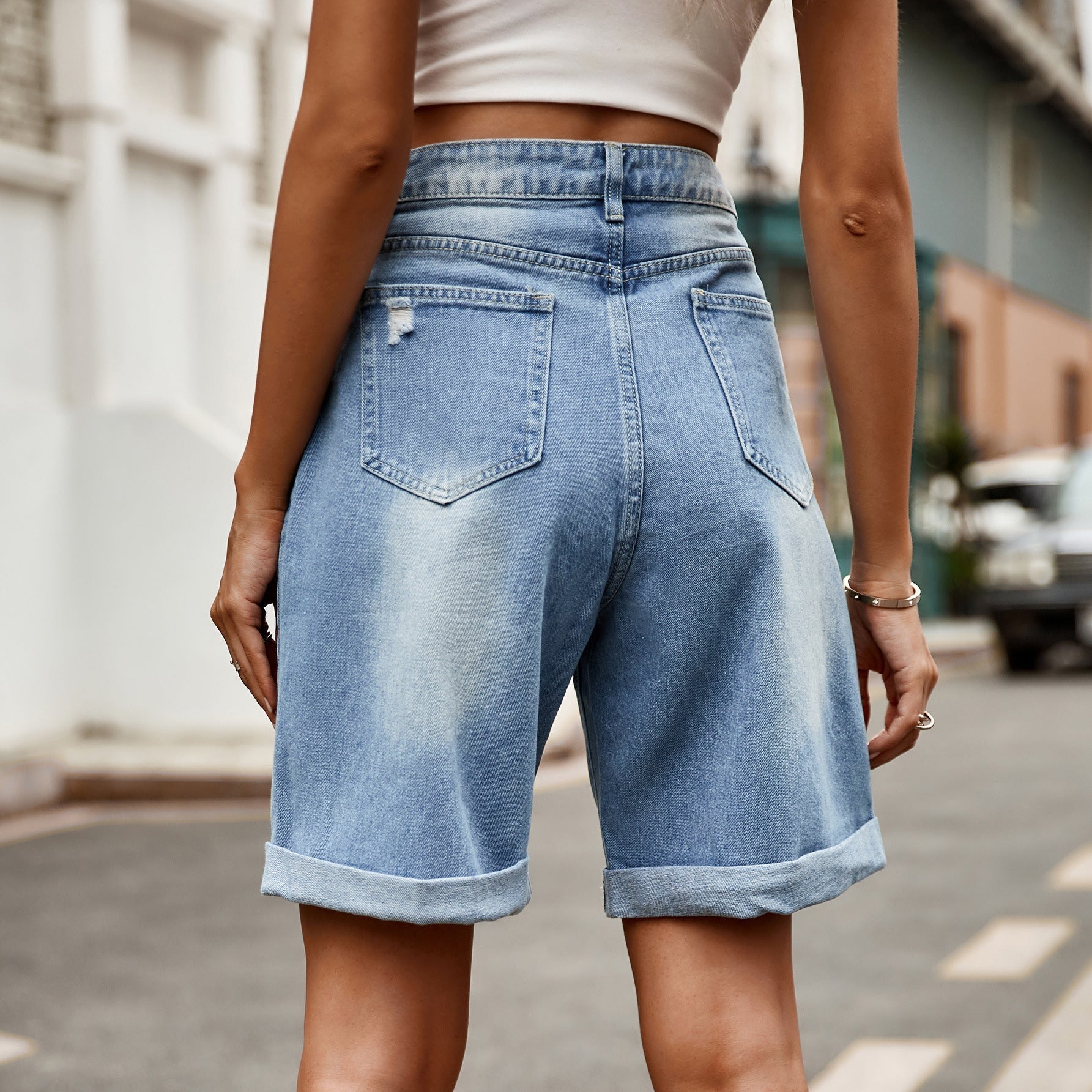 Syrine | Women's High Waist Ripped Cuffed Denim Shorts