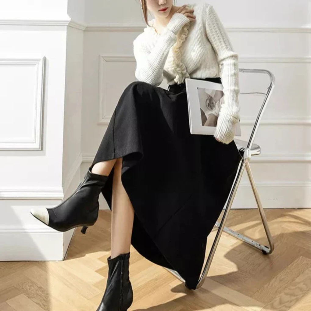 Vespera | High-Waist Pleated A-Line Maxi Skirt