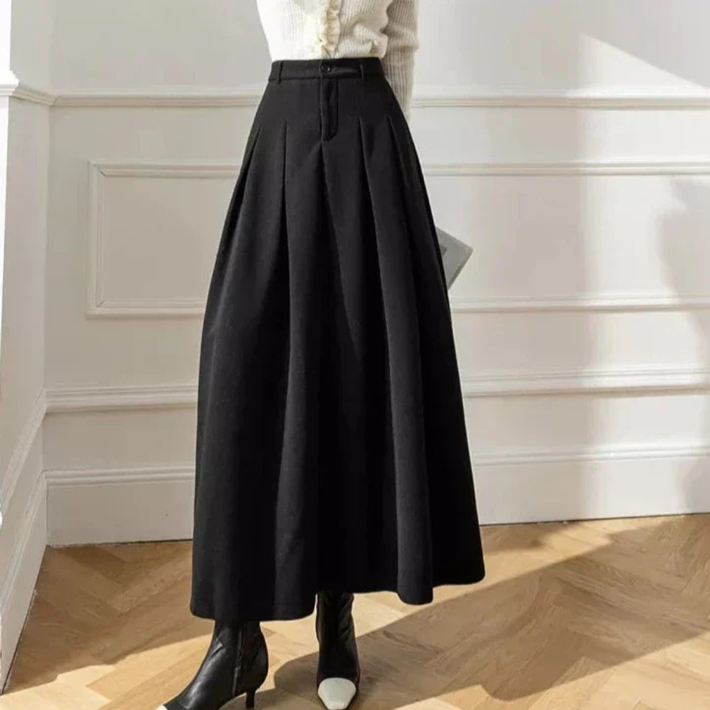 Vespera | High-Waist Pleated A-Line Maxi Skirt