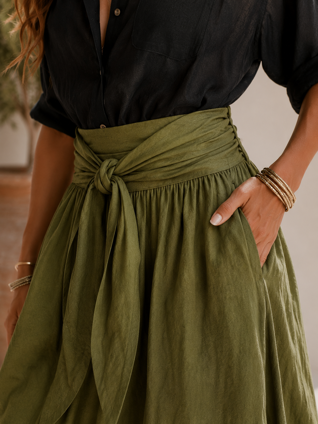 Sienna | Linen Two-Piece Set Button-Down Shirt & Tie Waist Maxi Skirt