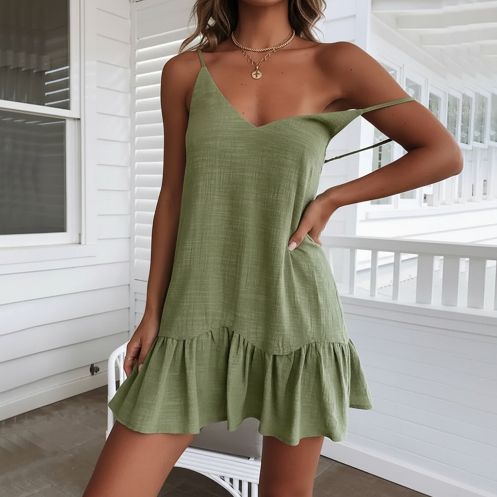 Riyana | Linen V Neck Spaghetti Strap Ruffle Hem Mini Dress