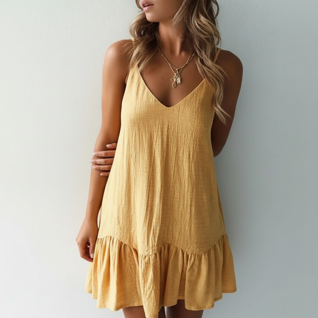 Riyana | Linen V Neck Spaghetti Strap Ruffle Hem Mini Dress