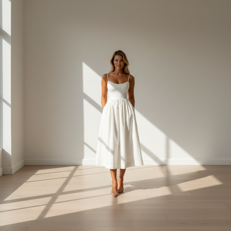 Alina | Cupped Spaghetti Strap Pleated Midi Dress