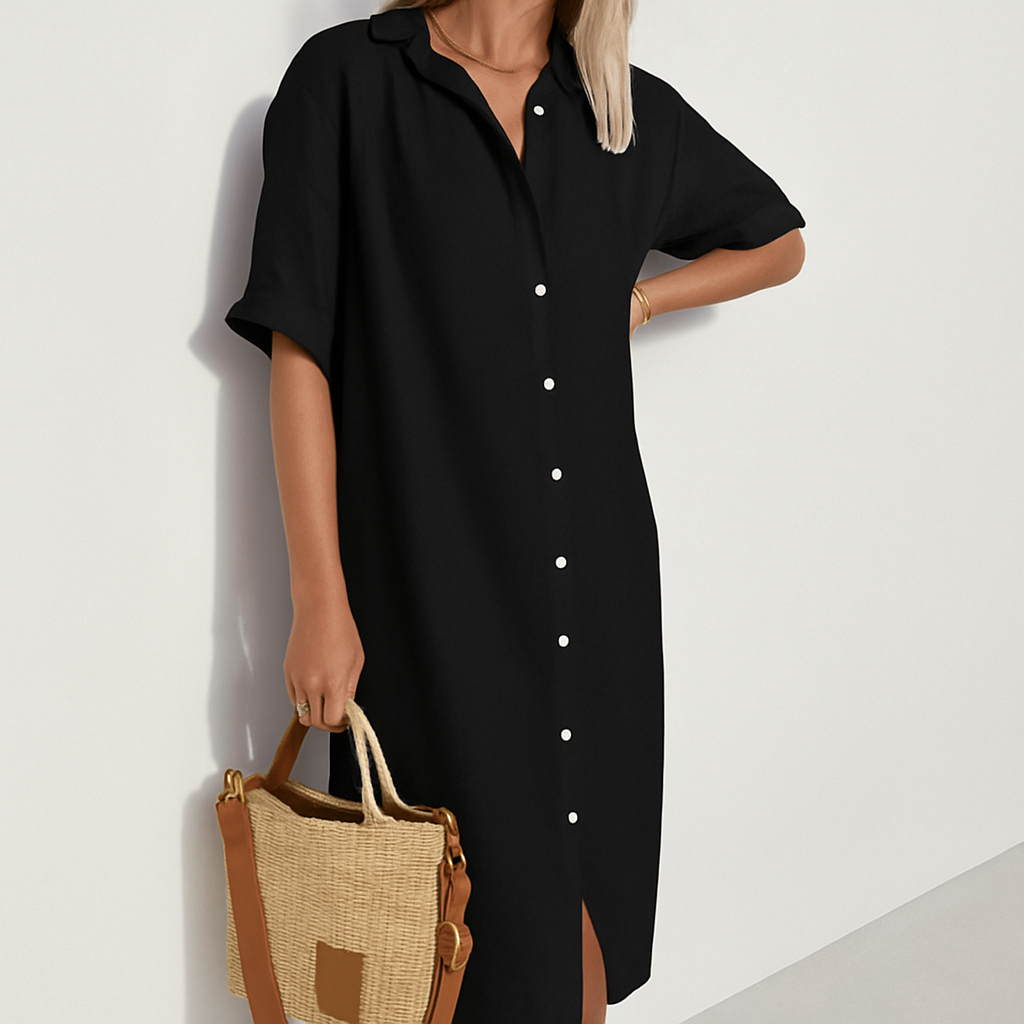 Noirelle | Relaxed Linen Button Down Short Sleeve Midi Dress