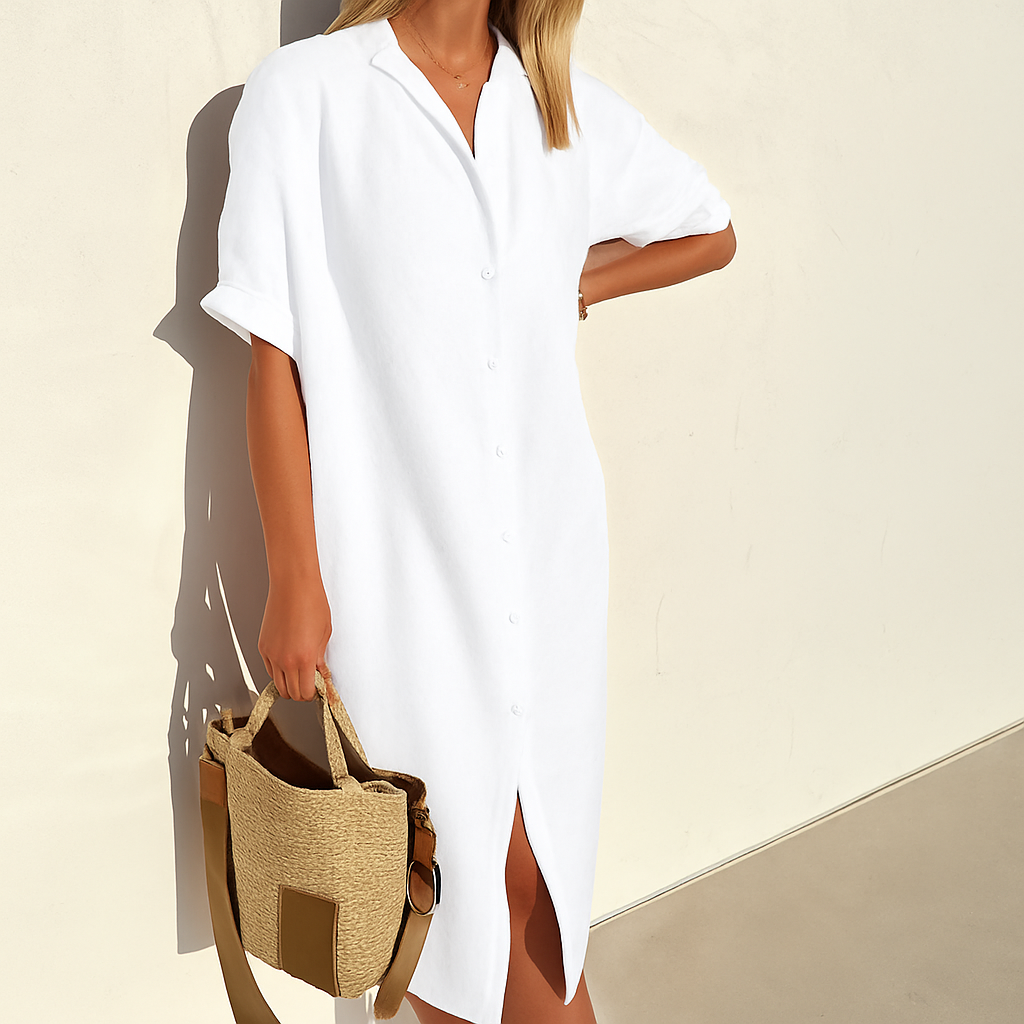 Noirelle | Relaxed Linen Button Down Short Sleeve Midi Dress