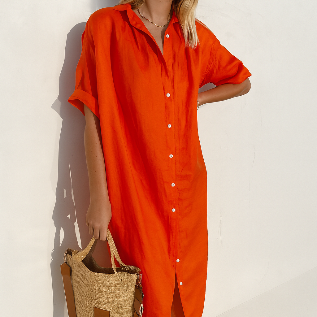 Noirelle | Relaxed Linen Button Down Short Sleeve Midi Dress