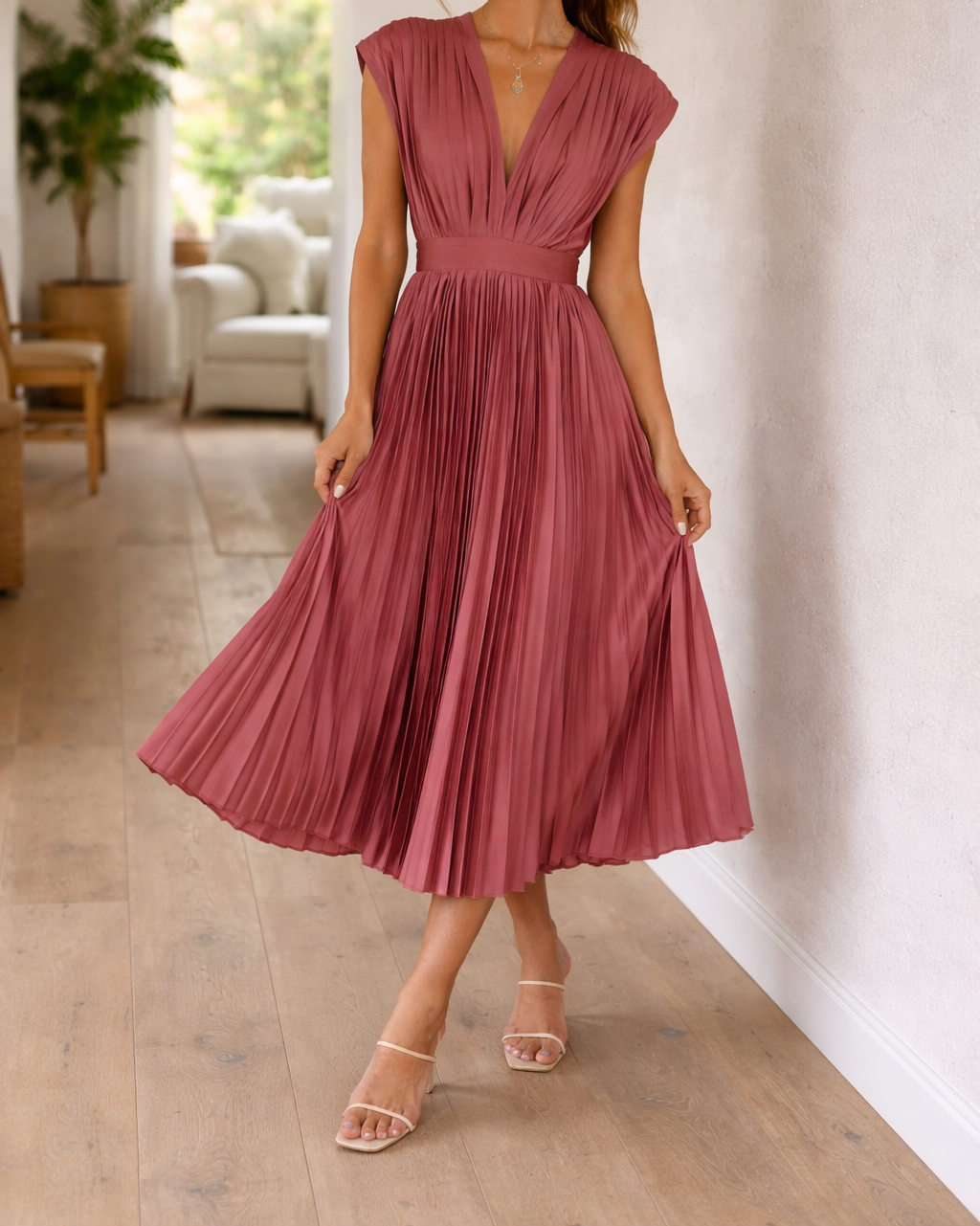 Selene | Elegant Deep V Neck Sleeveless Pleated Maxi Dress