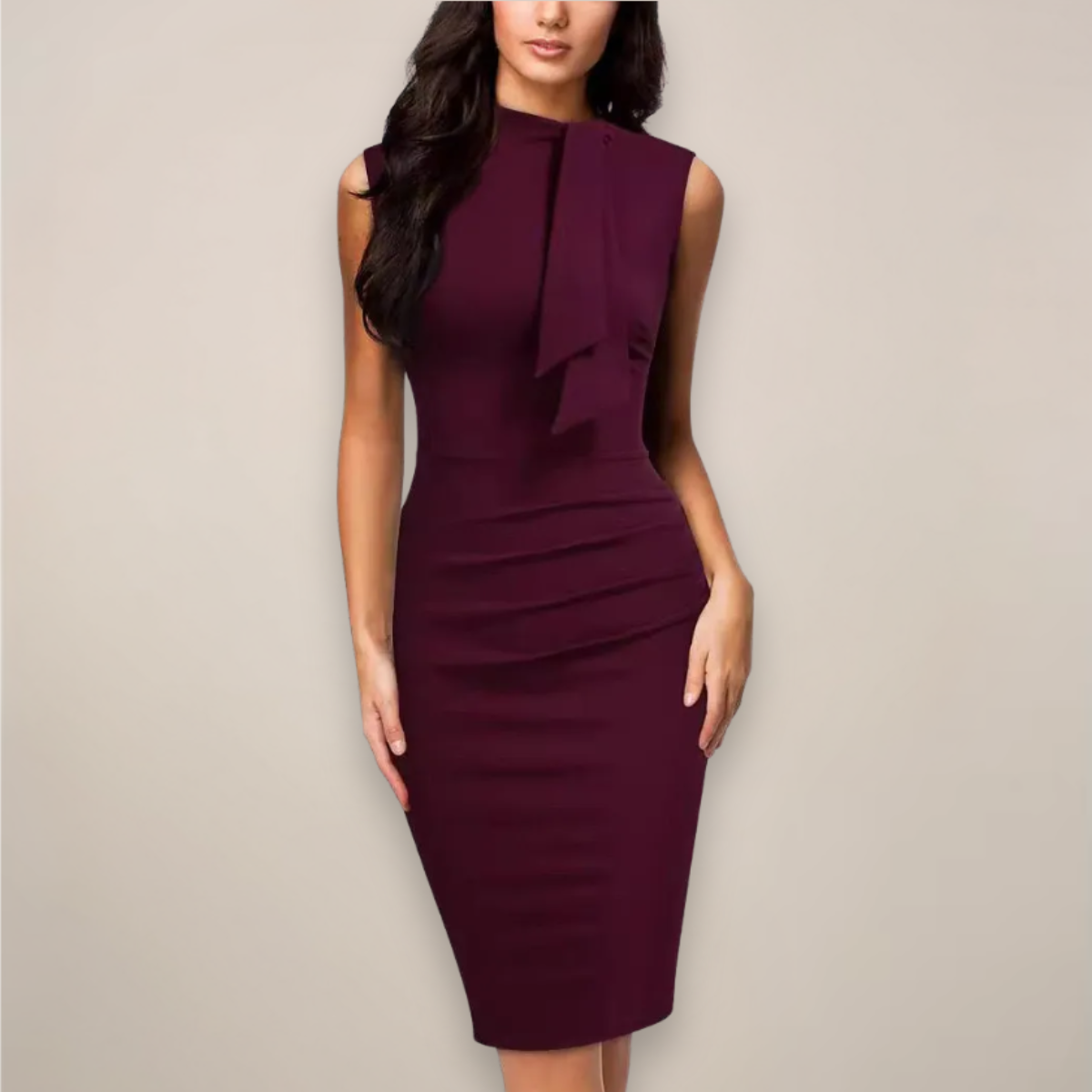 Valerie | Elegant Bodycon Sleeveless Bow Neck Ruched Midi Dress
