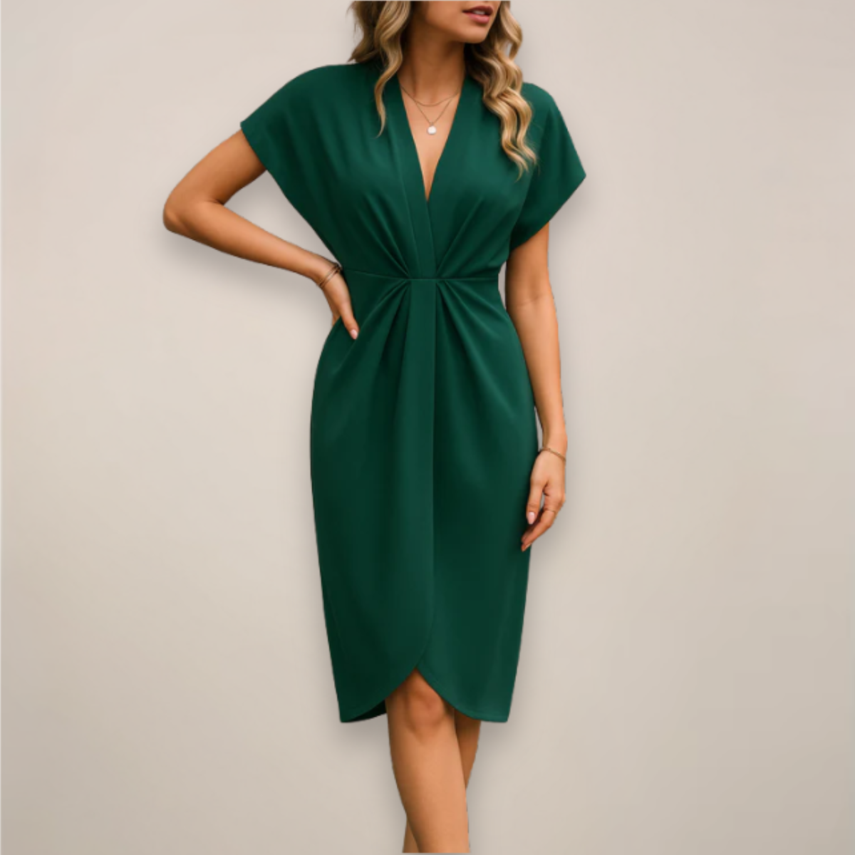 Elena | Elegant Deep V Neck Twist Front Wrap Midi Dress