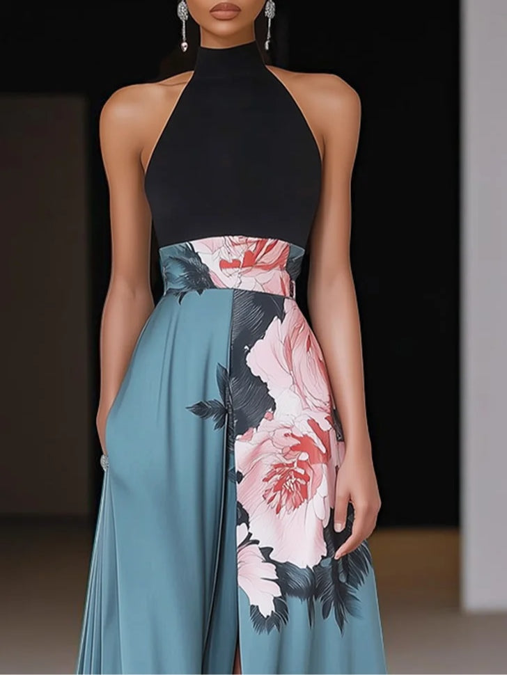 Quinn | Floral Print Halterneck Color Block Maxi Dress