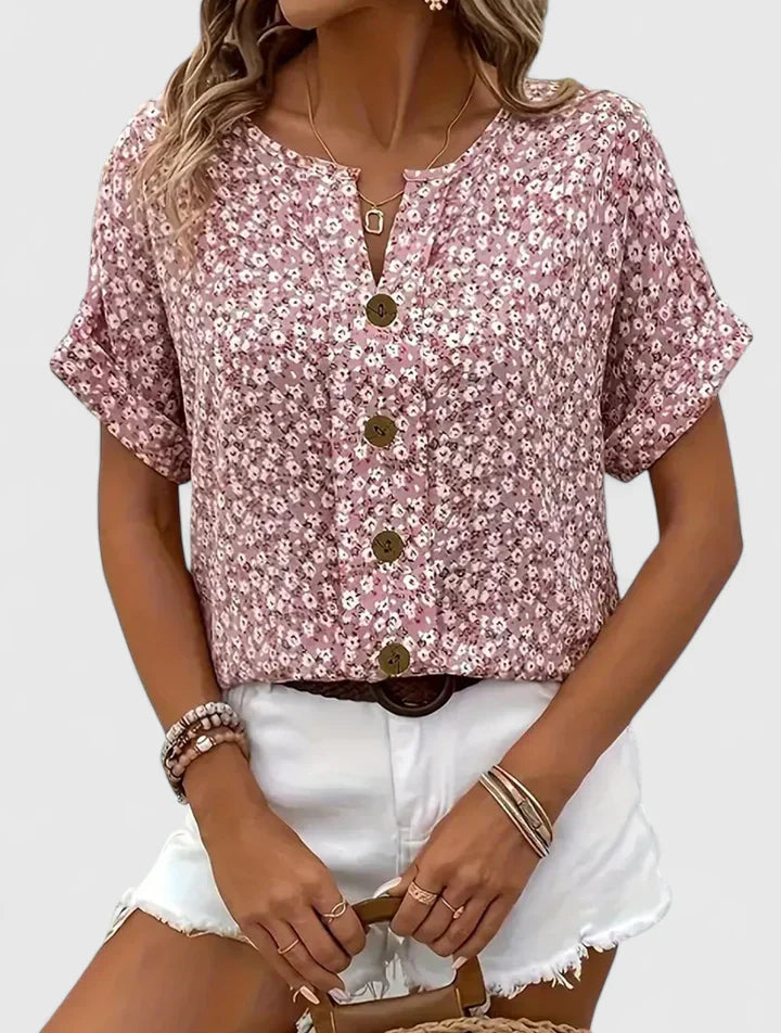 Faylora | Stylish Floral Button Down Short Sleeve Blouse