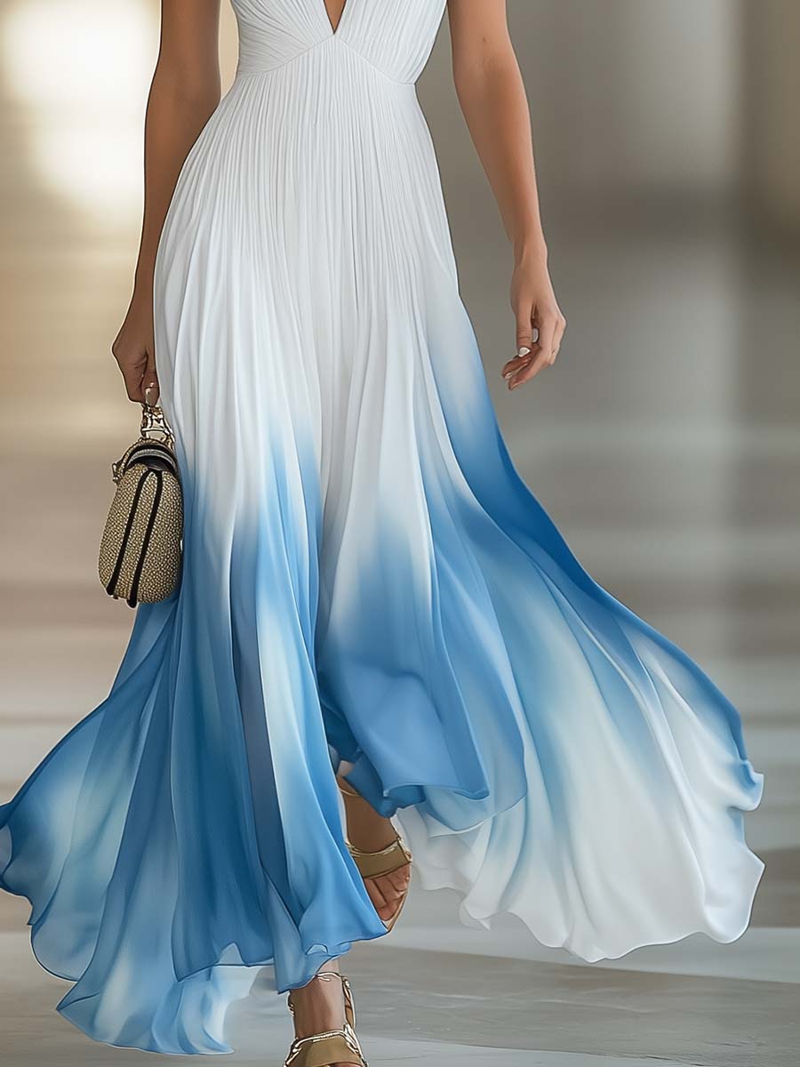 Aurora | Chiffon Ombre Deep V Neck Pleated Maxi Dress