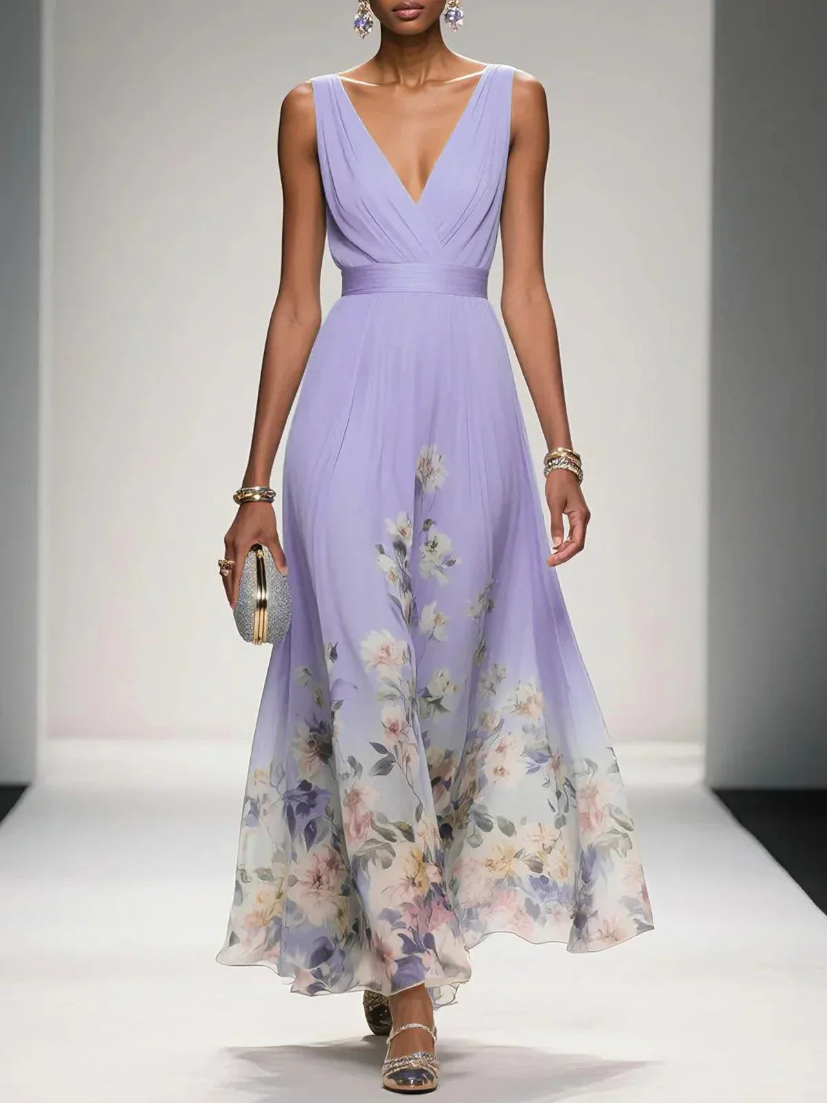 Taylor | Floral Chiffon Deep V Neck Maxi Dress
