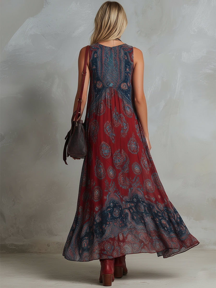 Savannah | Boho Paisley Print Deep V Neck Sleeveless Maxi Dress