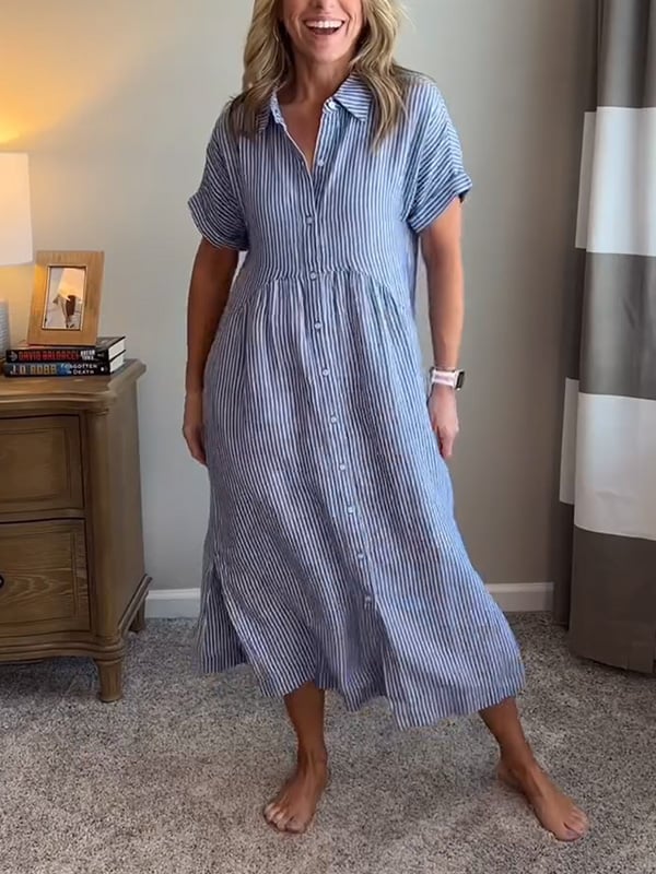 Uma | Striped Linen Shirt Dress with Collar Neckline