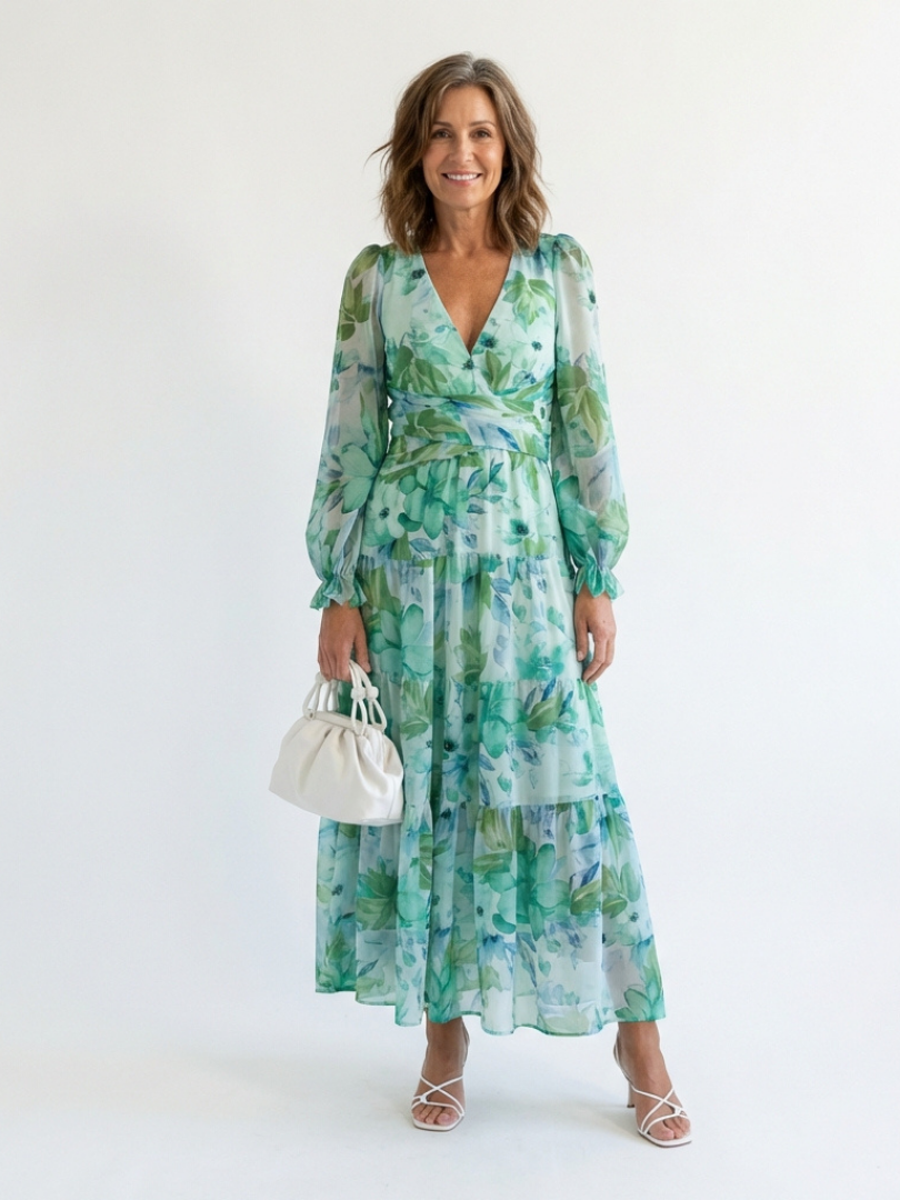 Seraphina | Floral Chiffon V-Neck Long Sleeve Tiered Maxi Dress