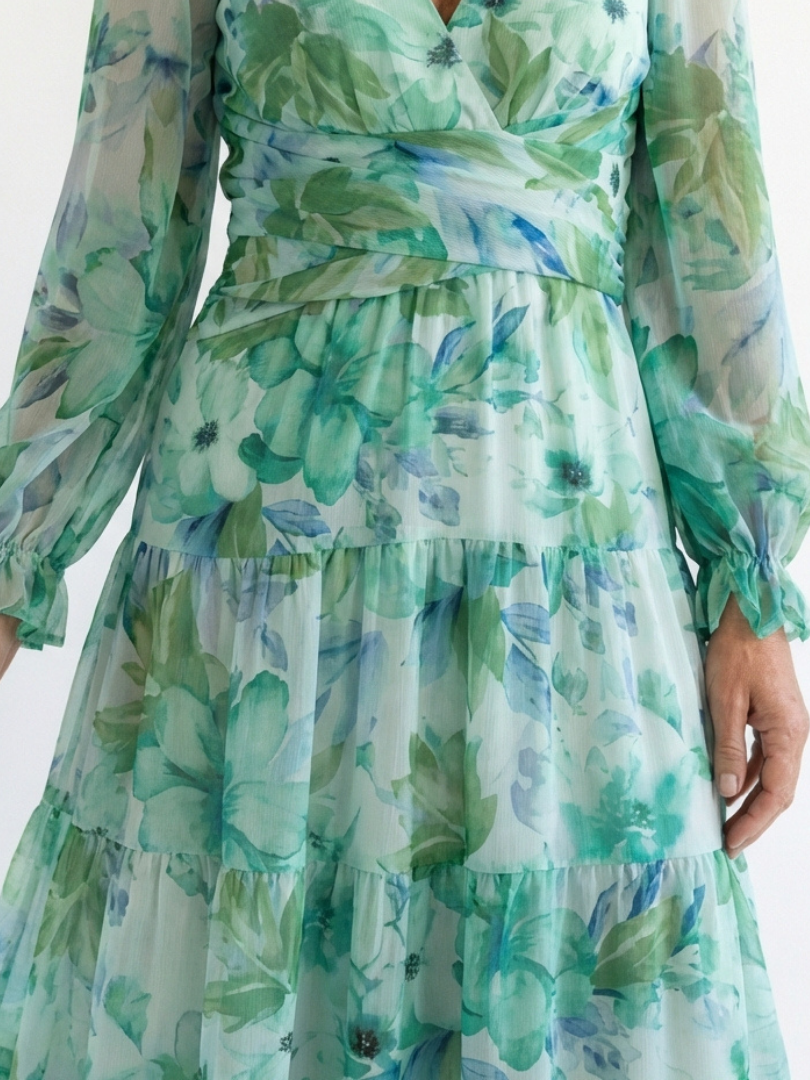 Seraphina | Floral Chiffon V-Neck Long Sleeve Tiered Maxi Dress