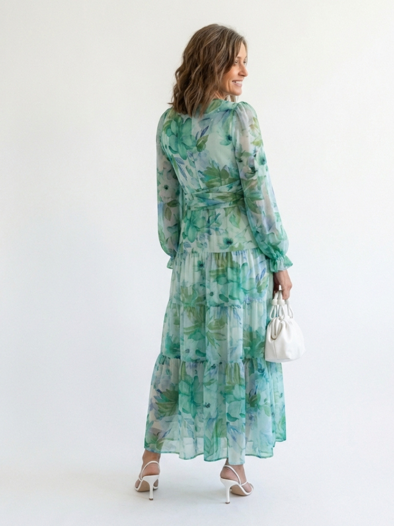 Seraphina | Floral Chiffon V-Neck Long Sleeve Tiered Maxi Dress