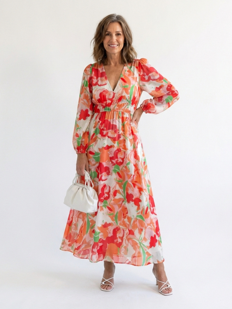 Seraphina | Floral Chiffon V-Neck Long Sleeve Tiered Maxi Dress