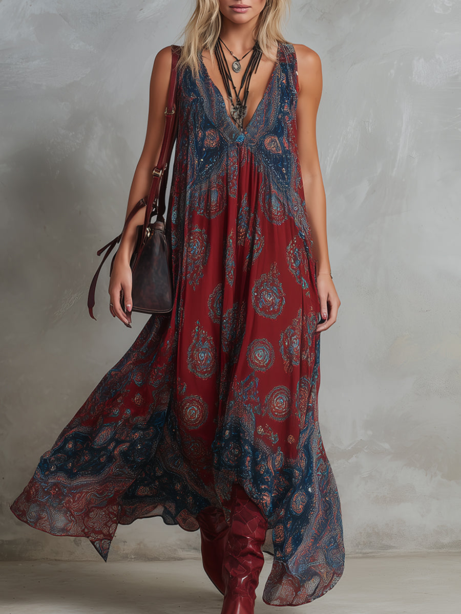Savannah | Boho Paisley Print Deep V Neck Sleeveless Maxi Dress