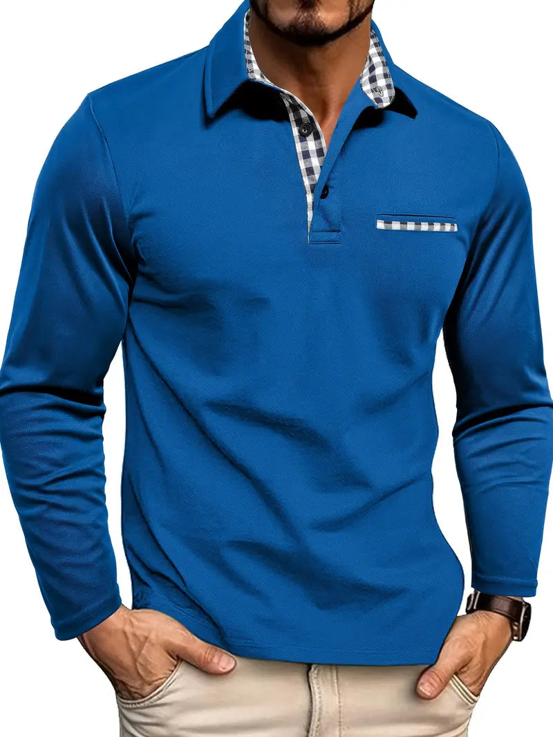 Jonathan | Men's Long Sleeve Polo Shirt with Plaid Collar Trim