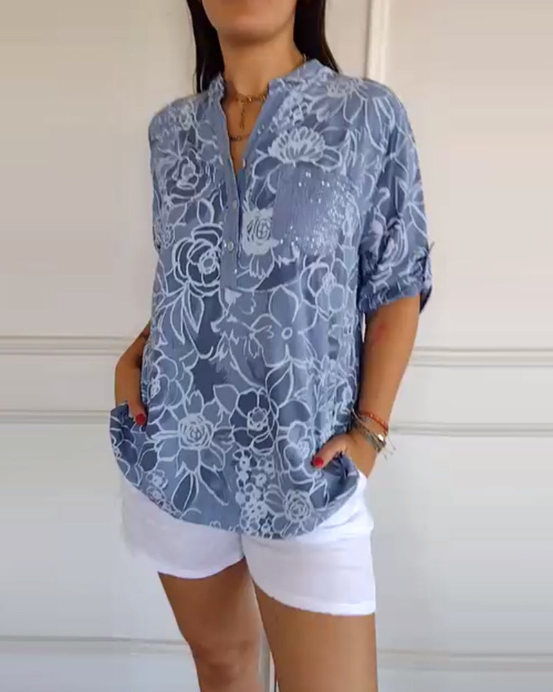 Rowella | Floral Print V Neck Short Sleeve Blouse