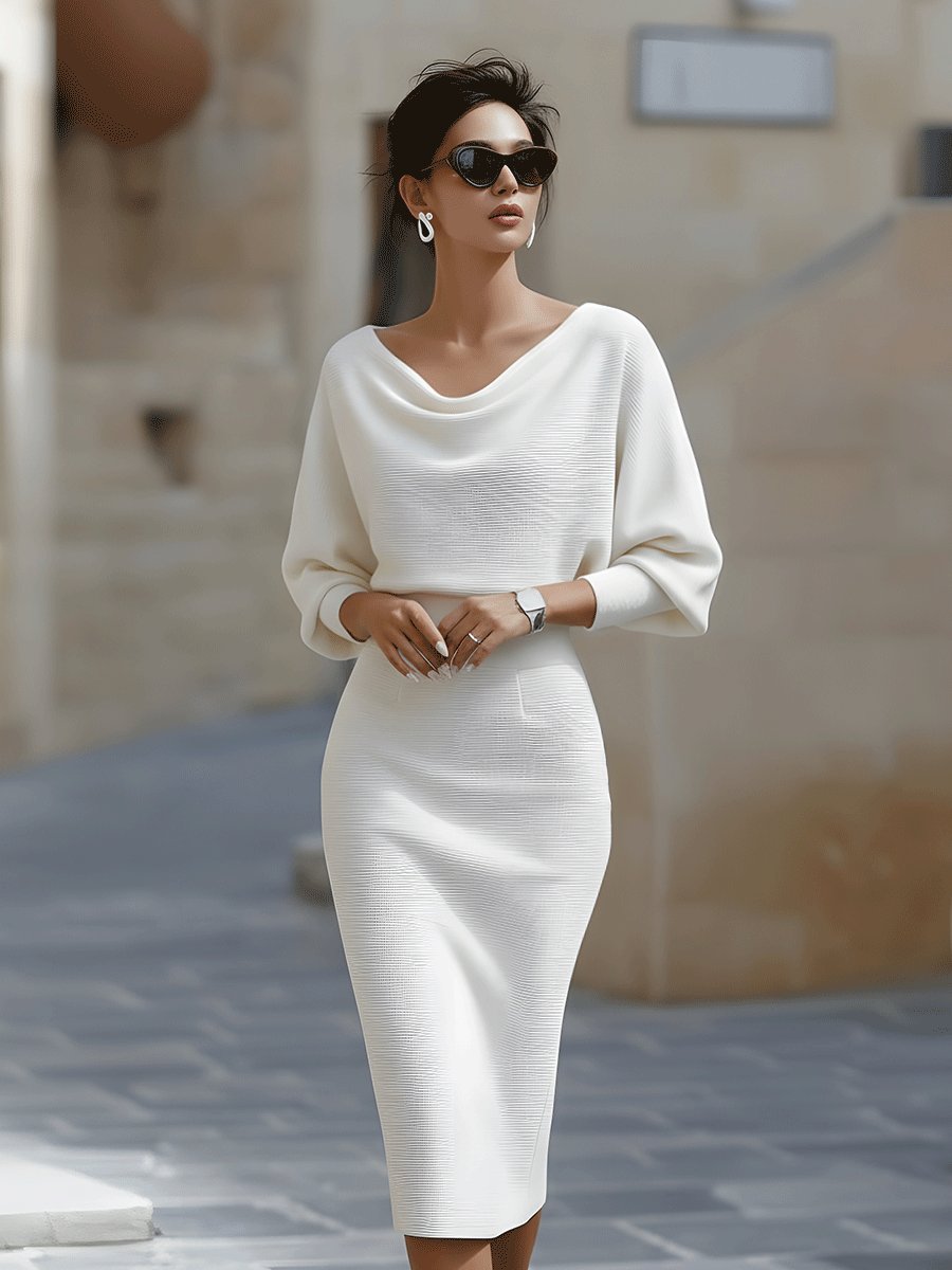 Camille | Batwing Sleeve Midi Dress with Cowl Neck