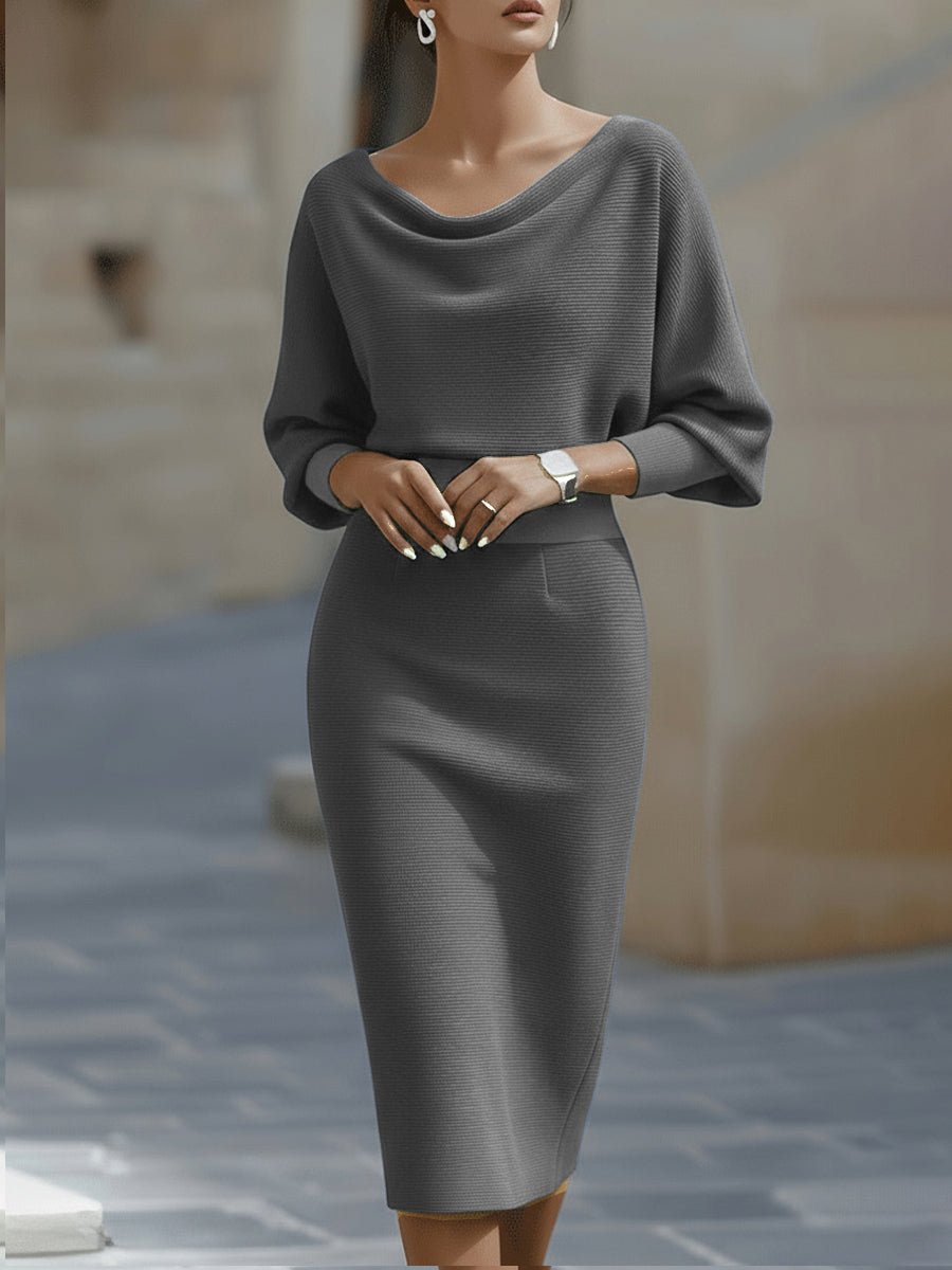 Camille | Batwing Sleeve Midi Dress with Cowl Neck