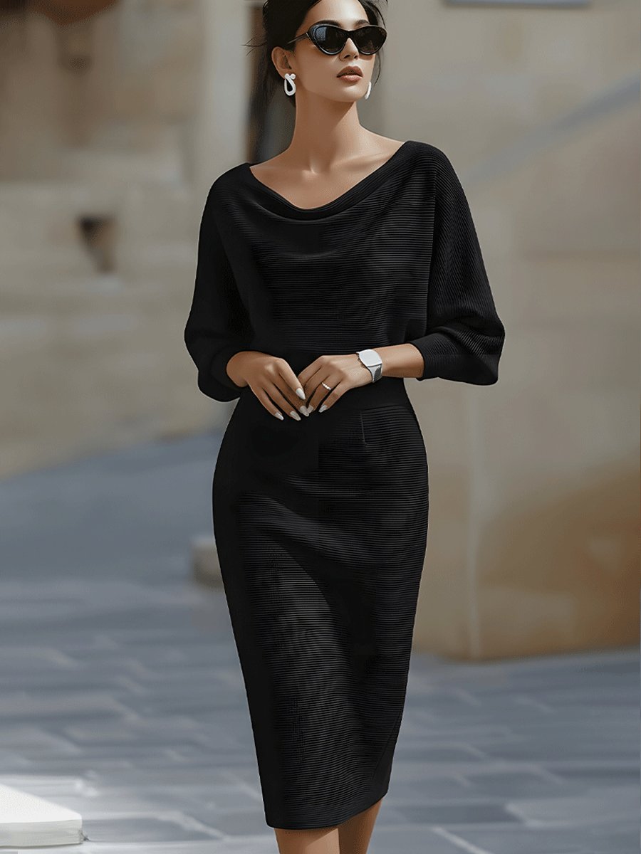 Camille | Batwing Sleeve Midi Dress with Cowl Neck