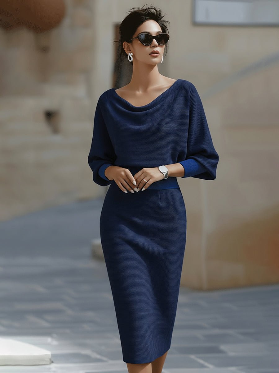 Camille | Batwing Sleeve Midi Dress with Cowl Neck