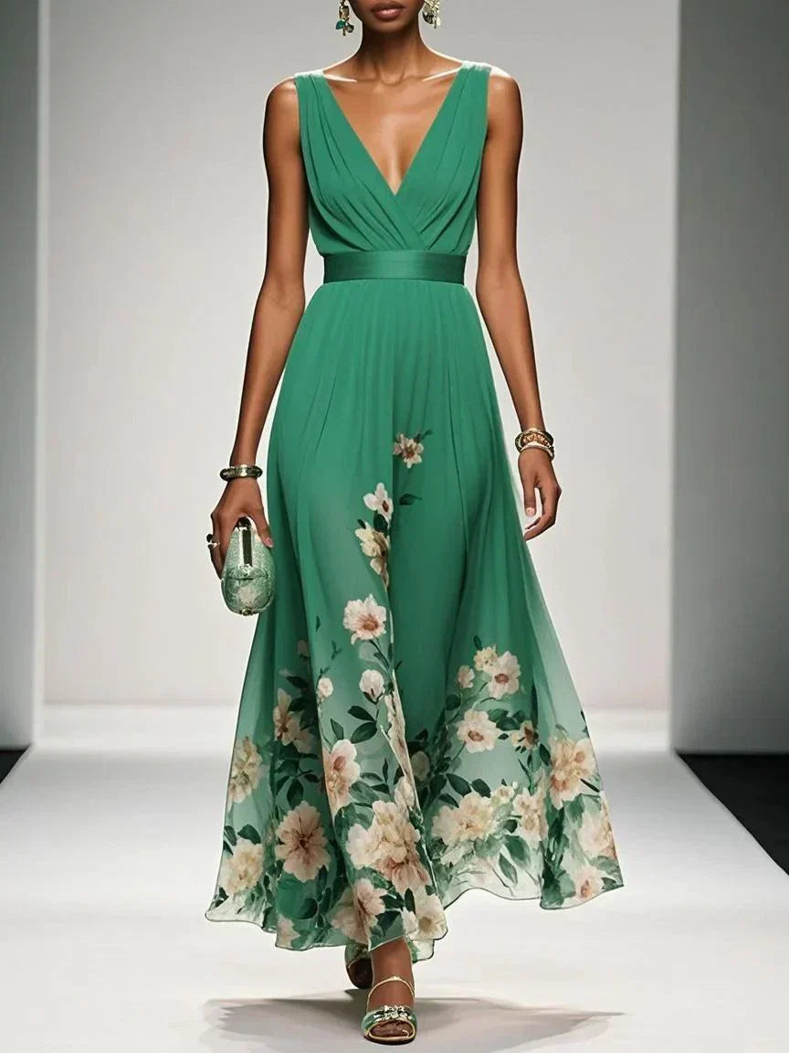 Taylor | Floral Chiffon Deep V Neck Maxi Dress