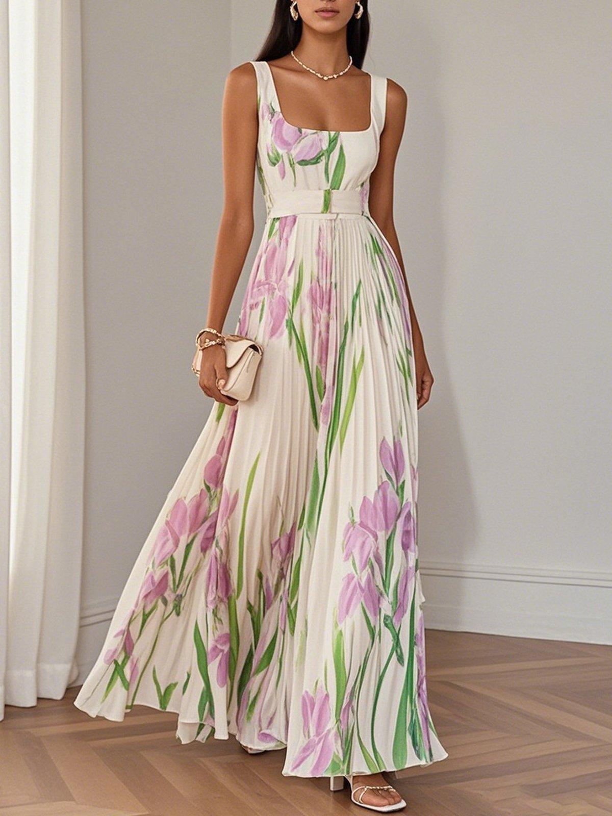 Seraphina | Floral Print Square Neck Pleated Maxi Dress