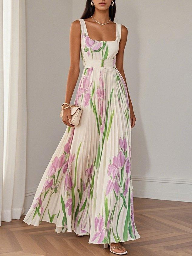 Seraphina | Floral Print Square Neck Pleated Maxi Dress