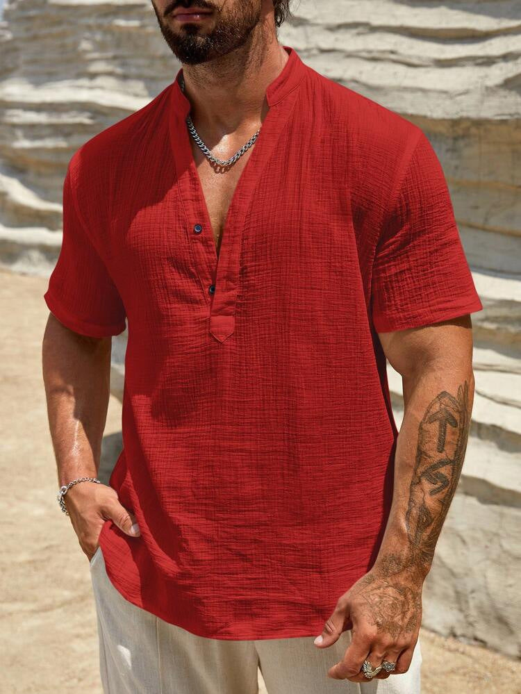 Mateo | Men's Linen Band Collar Short Sleeve Henley Shirt