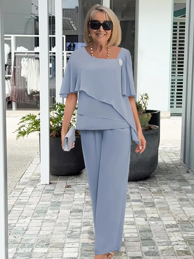 Celeste | Chiffon Tiered Top Wide Leg Pants Two Piece Set