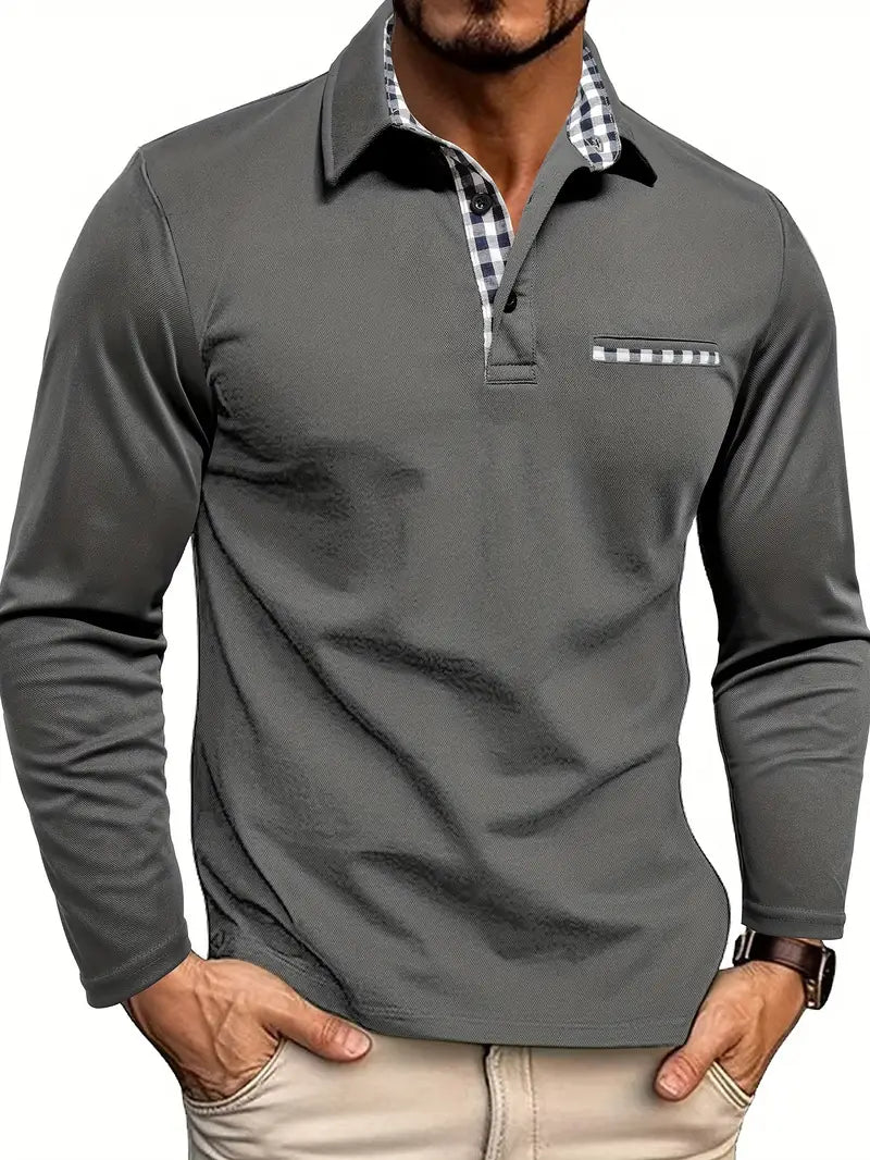 Jonathan | Men's Long Sleeve Polo Shirt with Plaid Collar Trim