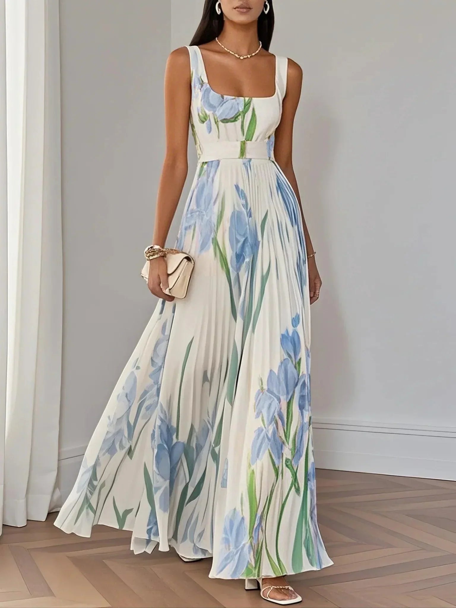 Seraphina | Floral Print Square Neck Pleated Maxi Dress