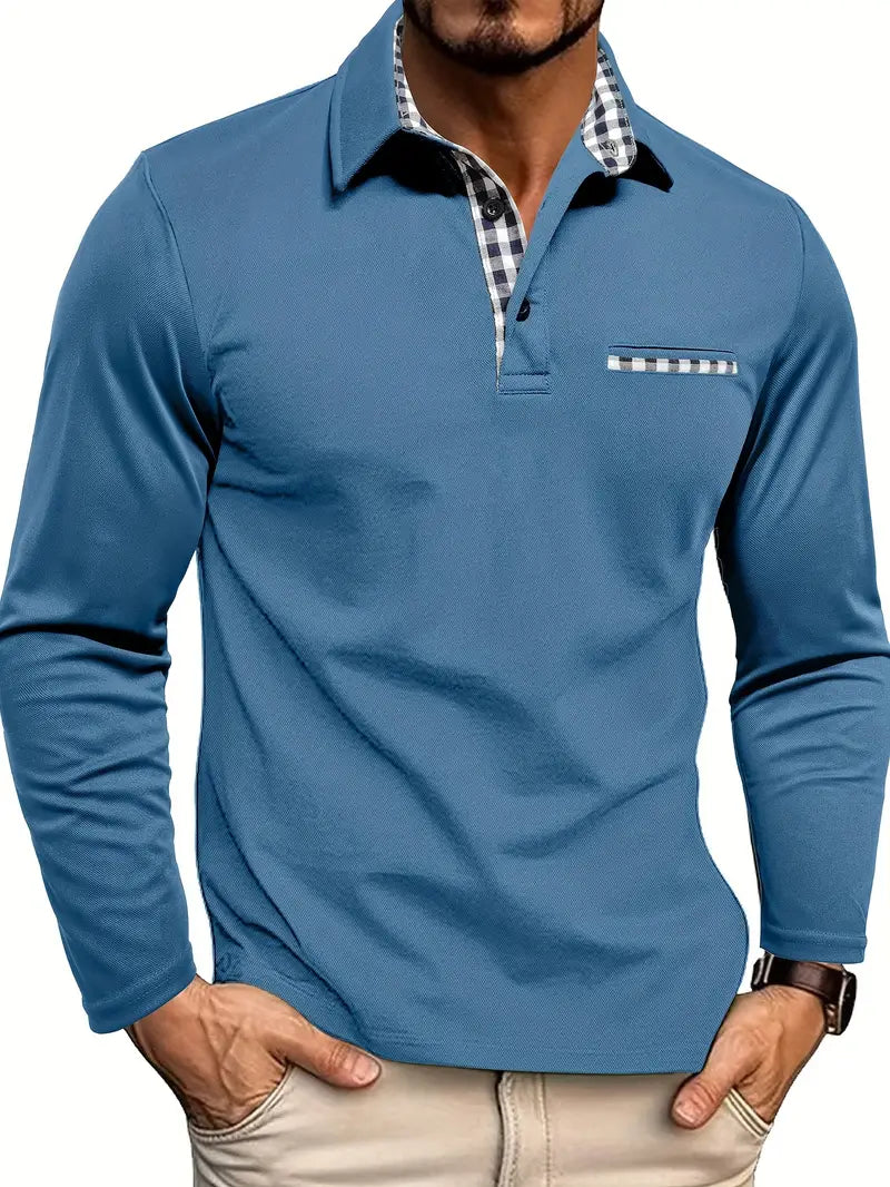 Jonathan | Men's Long Sleeve Polo Shirt with Plaid Collar Trim