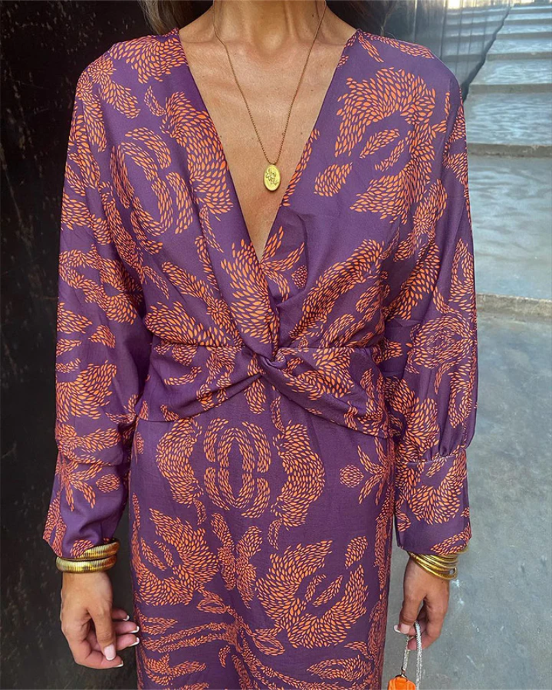 Valentina | Floral Print Deep V Neck Twist Waist Maxi Dress