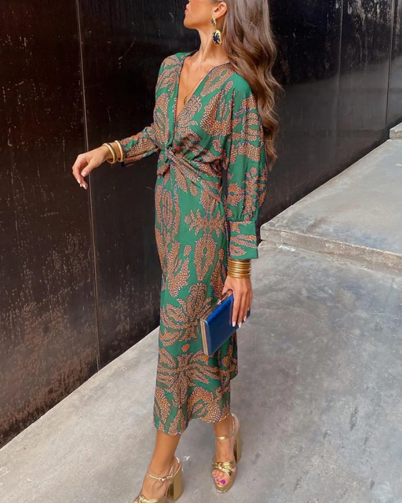 Valentina | Floral Print Deep V Neck Twist Waist Maxi Dress