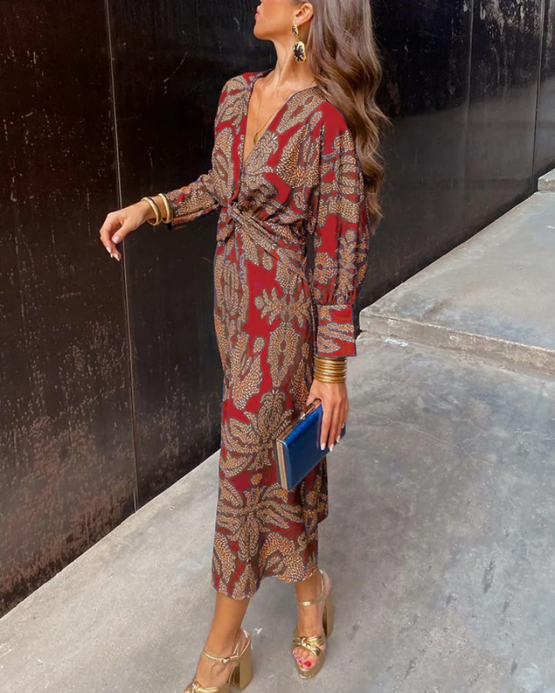 Valentina | Floral Print Deep V Neck Twist Waist Maxi Dress