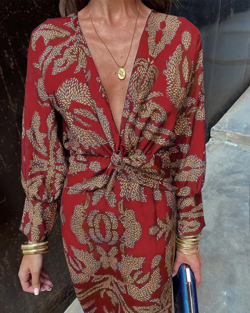 Valentina | Floral Print Deep V Neck Twist Waist Maxi Dress