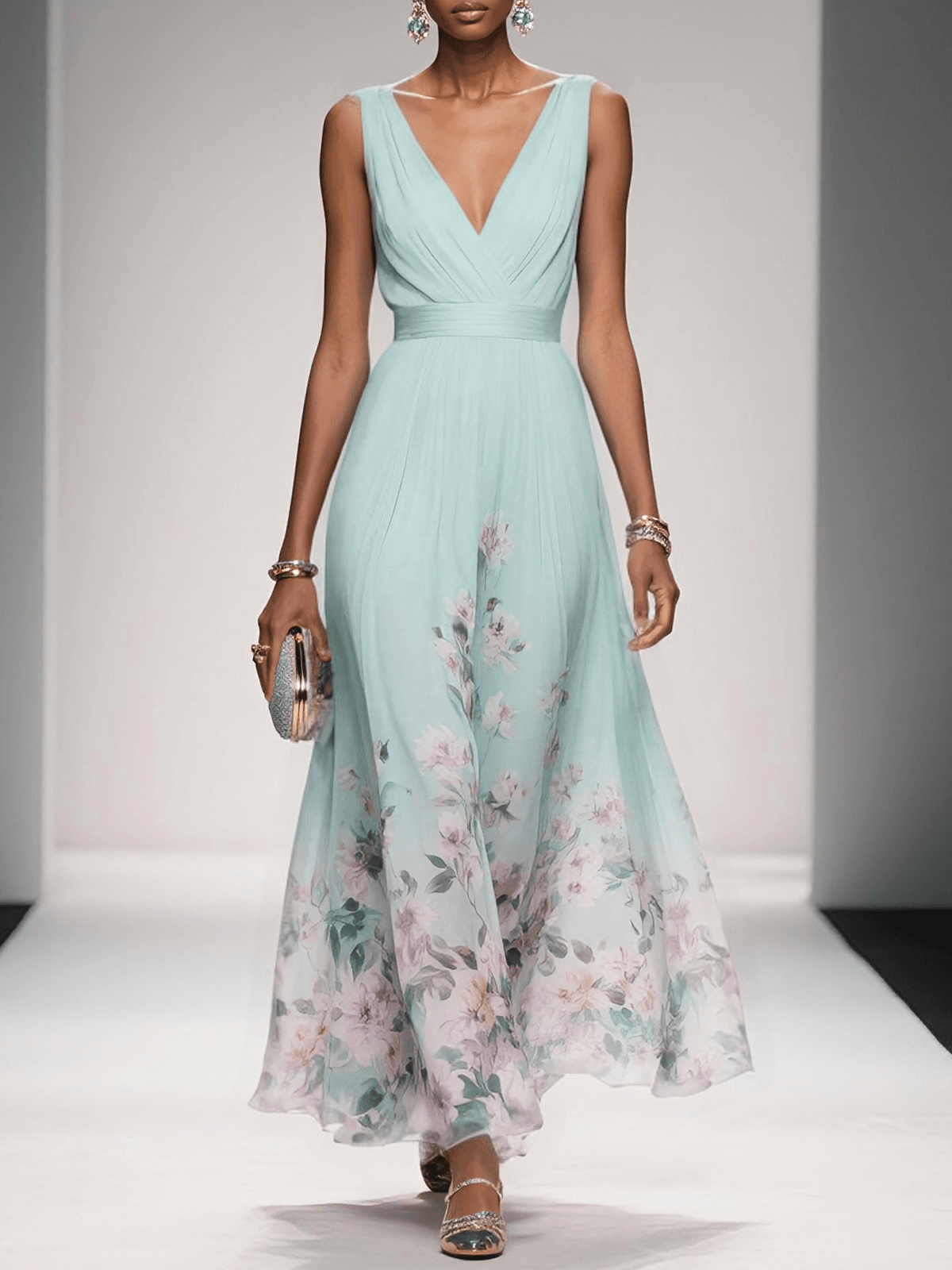 Taylor | Floral Chiffon Deep V Neck Maxi Dress