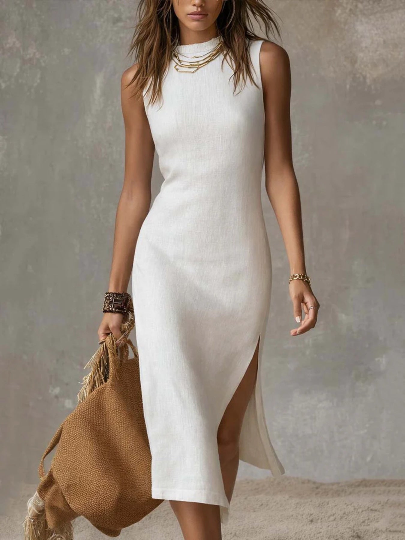 Elara | Sleeveless Mock Neck Midi Dress Side Slit Dress