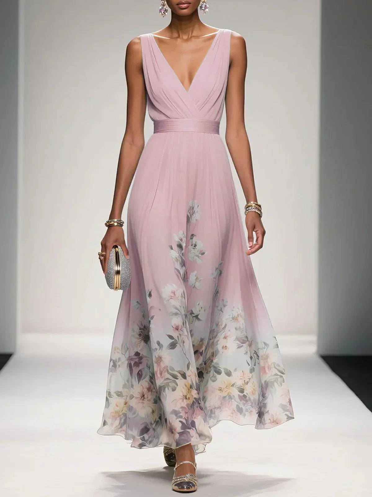 Taylor | Floral Chiffon Deep V Neck Maxi Dress