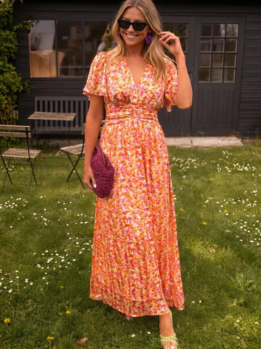 Emily | Floral Print V-Neck Short Sleeve Maxi Dress