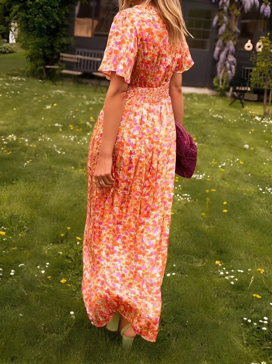 Emily | Floral Print V-Neck Short Sleeve Maxi Dress