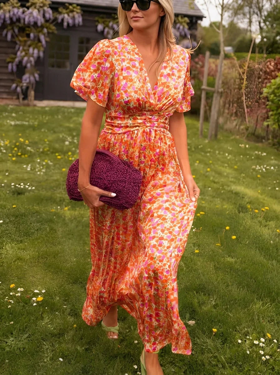 Emily | Floral Print V-Neck Short Sleeve Maxi Dress
