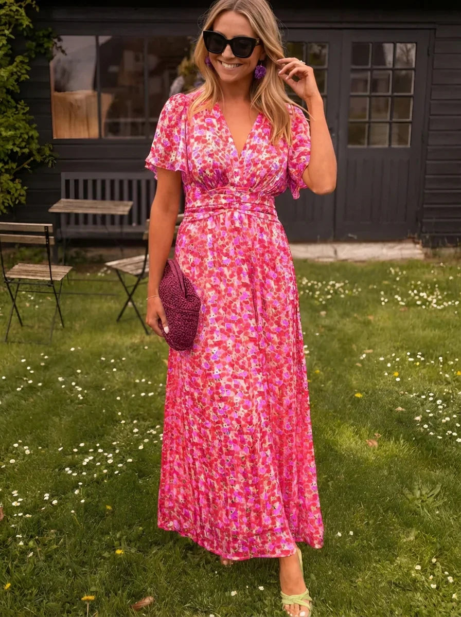 Emily | Floral Print V-Neck Short Sleeve Maxi Dress
