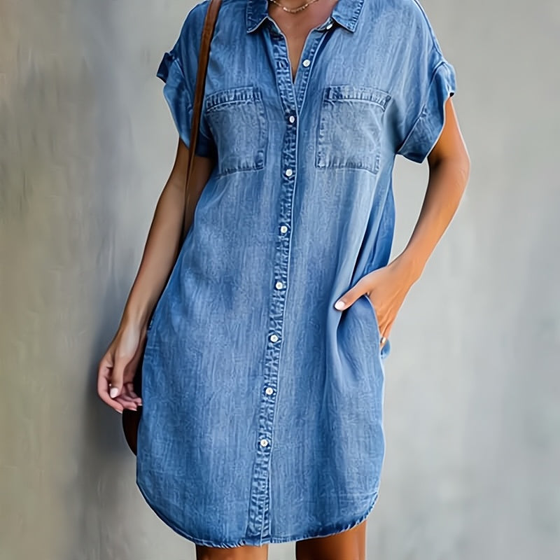 Evelyn | Relaxed Denim Button-Down Short Sleeve Shirt Midi Dress